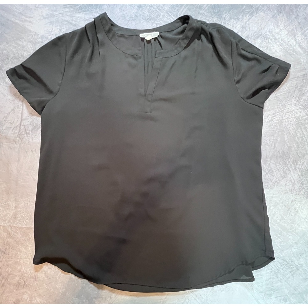 Pleione Blouse Top Womens L Black Short Sleeve Split V-Neck Pleated Pullover